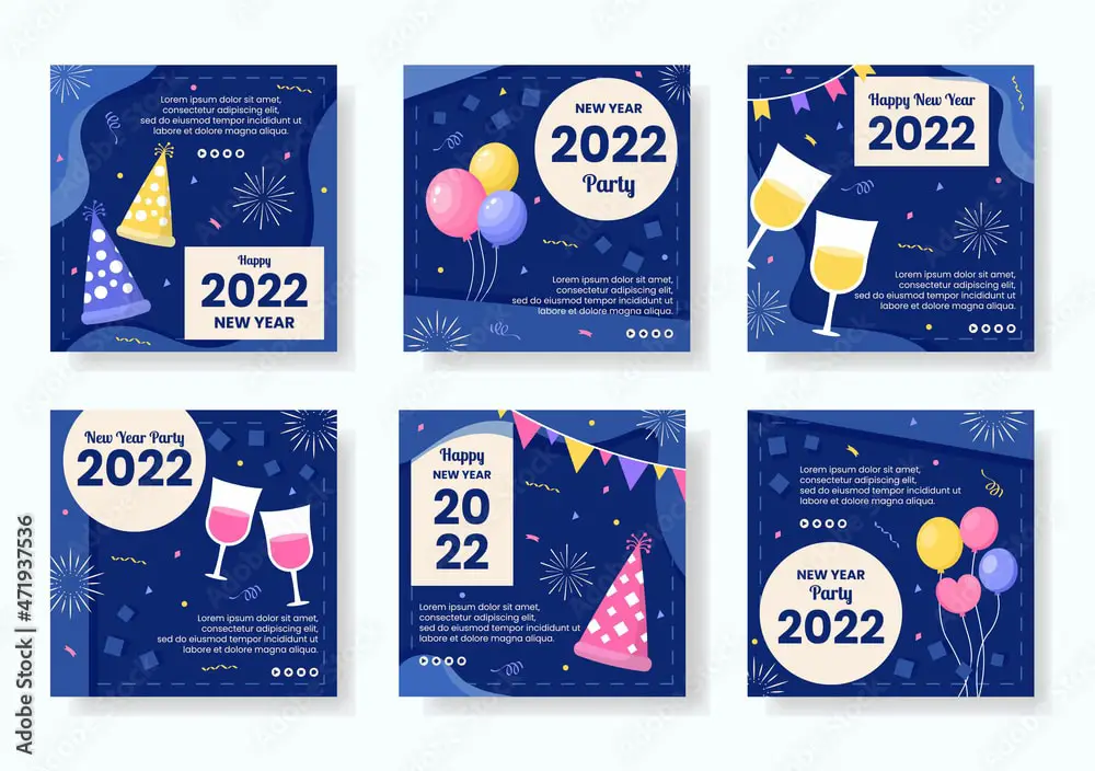 Stunning Social Media Creatives for wishing Happy New Year: Happy New Year Post Set with Flat Illustrations